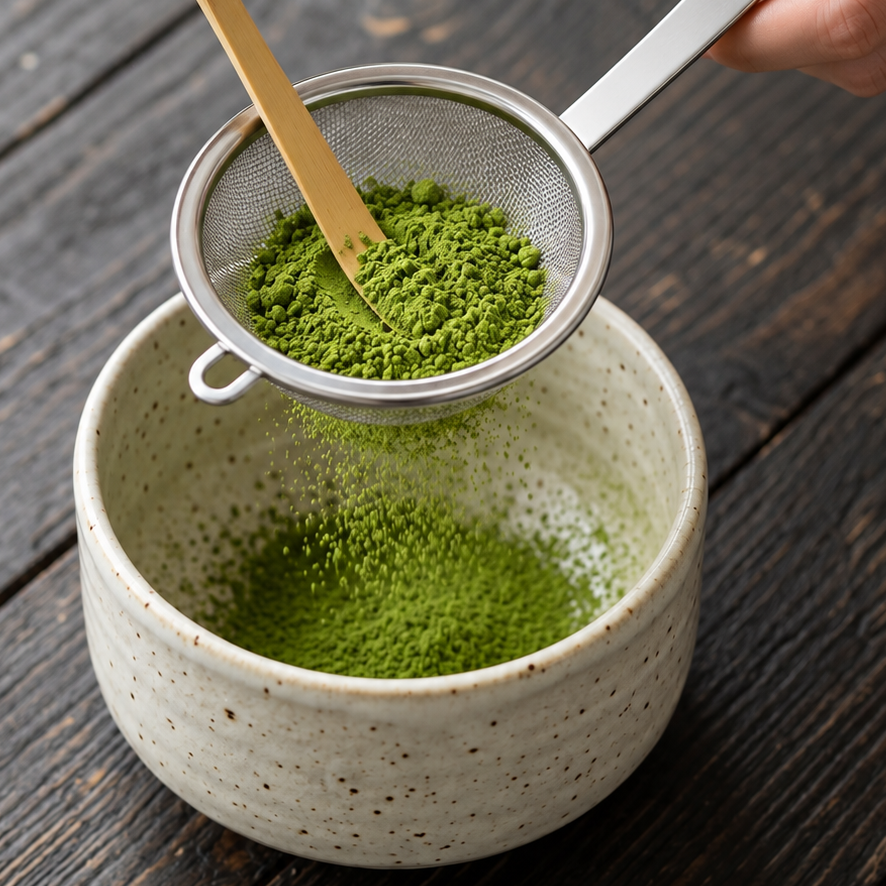 Fine mesh matcha sifter being used to sift matcha powder into a bowl