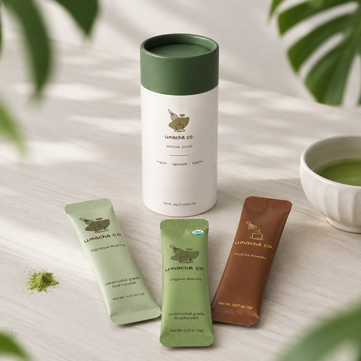 Umacha co. Matcha & Hojicha Variety Sticks Set (12-Pack / 24g) — Premium Ceremonial Grade & Roasted Green Tea Powder