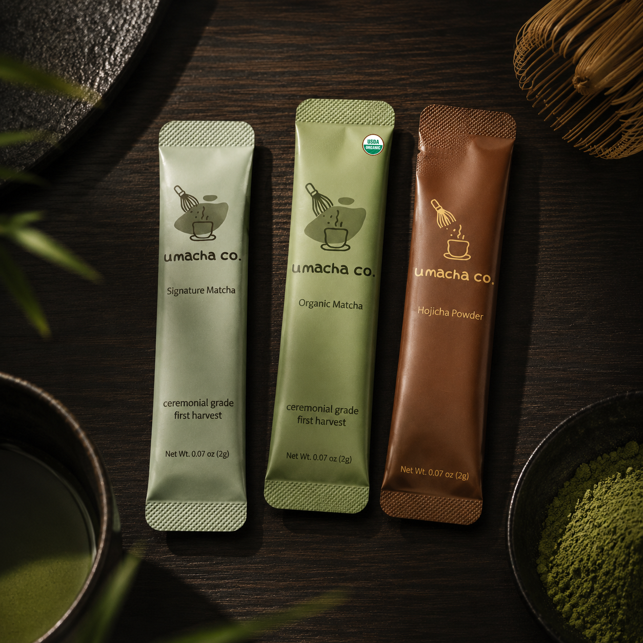 Umacha co. Matcha & Hojicha Variety Sticks Set (12-Pack / 24g) — Premium Ceremonial Grade & Roasted Green Tea Powder